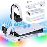RGB Horizontal Cooling Station Stand for PS5 Slim /Pro Console with 2 Controller Charger, Auto Silent Cooling Fan for...
