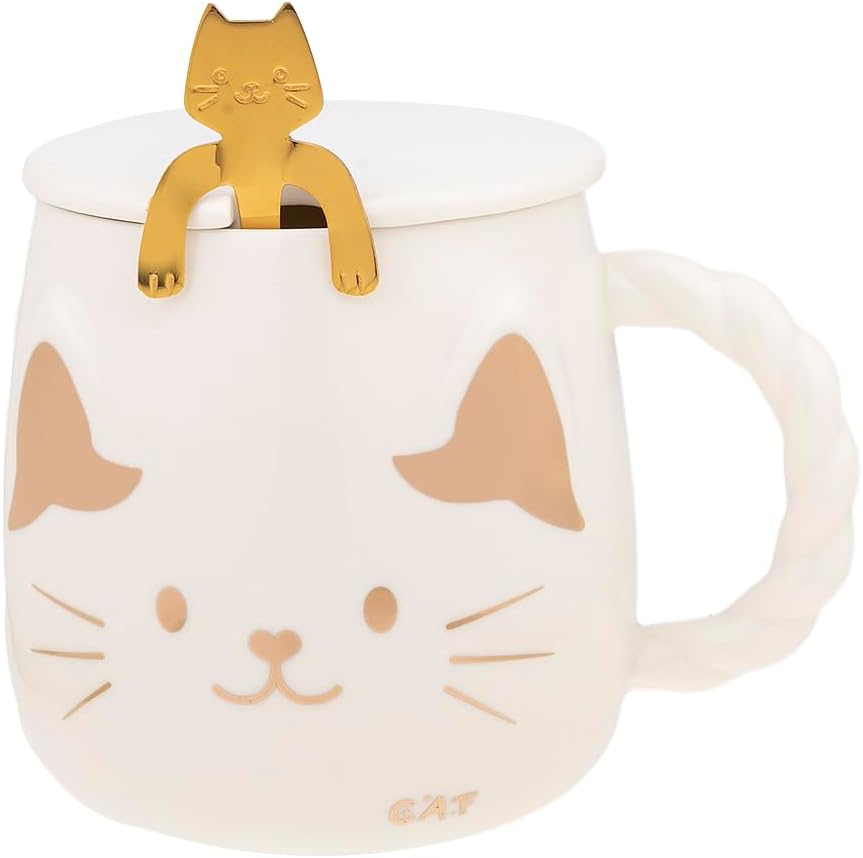 Japanese Cat Mug - White - With Lid and Spoon