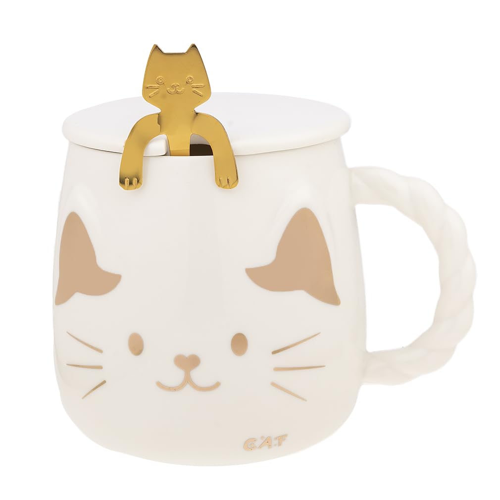 lachineuse Japanese Cat Mug with Lid and Spoon White