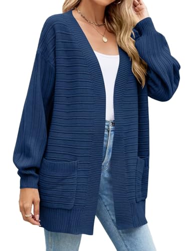 Image of MONNURO Womens Plus Size Cardigan Sweaters Cable Knit Open Front Puff Long Sleeve Fall Coat with Pockets(Lake Blue,3X)