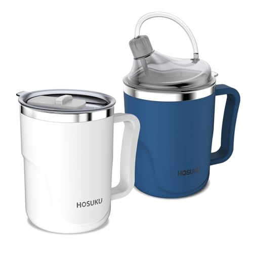 Adult Sippy Cups for Elderly Spill Proof, 13.5oz Adult Sippy Cup Set, Spill Proof Cups for Adults, Ideal for Couples or Parents, Perfect for Water (Blue & White), Health & Household Supplies