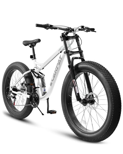 ficsmate 26 Inch Fat Tire Mountain Bike, Full Suspension Adult MTB with 21-Speed Drivetrain, High Carbon Steel Frame, Dual Disc Brakes, 26 x 4 Inch All-Terrain Tires for Men & Women