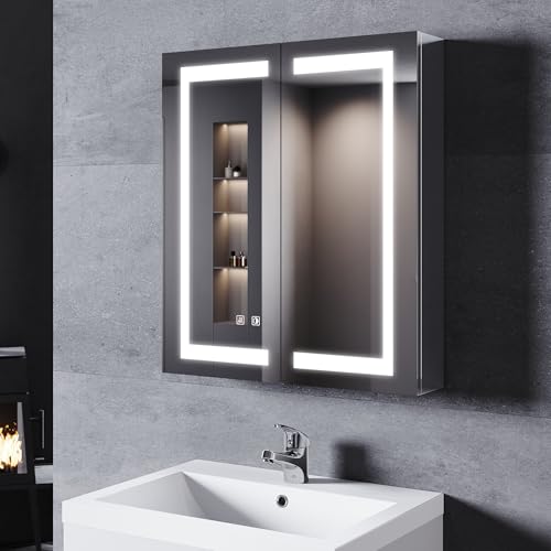 SONNI LED Spiegelschrank Bad und Steckdose 70 x 60cm, 2 Türiger Edelstahl Spiegelschrank mit Touch-Schalter, 3 Einstellbare Lichtfarben + Defogging, Kabelloses Scharnier Design Medizinschrank SONNI LED Spiegelschrank Bad und Steckdose 70 x 60cm, 2 Türiger Edelstahl Spiegelschrank mit Touch-Schalter, 3 Einstellbare Lichtfarben + Defogging, Kabelloses Scharnier Design Medizinschrank