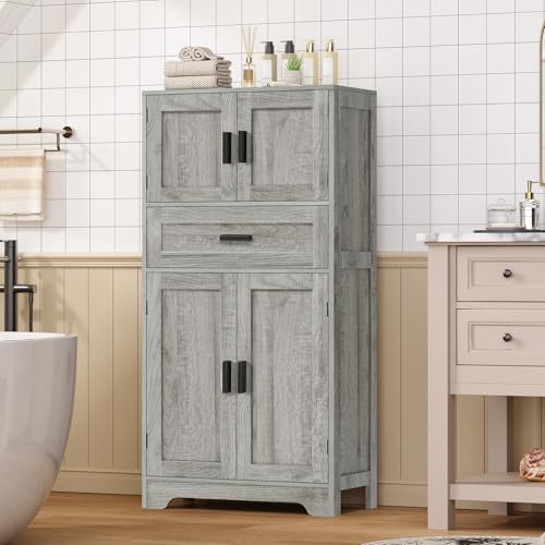 Tall-Storage-Cabinet-with-Adjustable-Shelf-Large-Drawer-Bathroom-Cabinet-with-Doors-Kitchen-Cabinet-Cupboard-Floor-Cabinet-for-Dining-Room-Living-Room-Home-Office-Entryway-Gray Tall Storage Cabinet with Adjustable Shelf Large Drawer Bathroom Cabinet with Doors Kitchen Cabinet Cupboard Floor Cabinet for Dining Room Living Room Home Office Entryway Gray