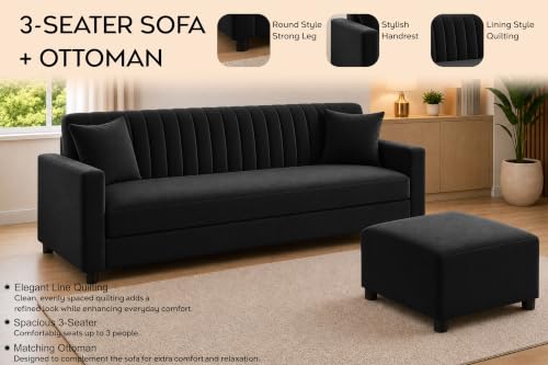 Image of 3 Seater Sofa with Ottoman | Modern Upholstered Couch | Vertical Channel Tufted Backrest | Comfortable Cushioned Seating | Contemporary Sofa Set for Living Room & Office - Black Color