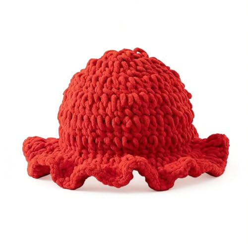 Handmade Knitted red Fisherman's hat with Cartoon-Style Fashion and Warm Knit Hood