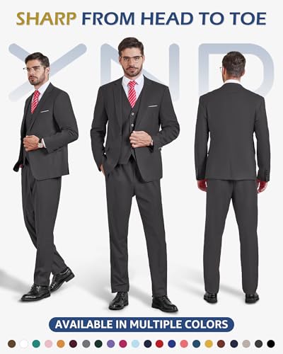 YND Men's Slim Fit 3 Piece Suit Set, One Button Solid Blazer Vest Pants with Tie2