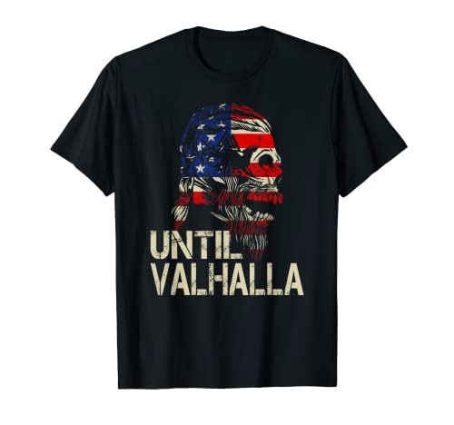 Image of Until Valhalla Skull Viking Odin Lover American Flag T-Shirt