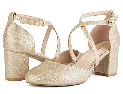 Greatonu Escarpins Bride Cheville Femme Escarpins Bloc Talons Pumps Femme Talon Haut avec Lanière Croisée et Bout Fermé - Parfait pour Les Mariages et Les fêtes-EU40-Or – vue 8