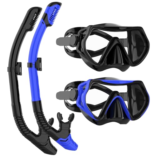 Snorkeling Gear for Adults, JRing Snorkel Mask Set with 180 Degree Tempered Glass Anti Fog Goggles Scuba Dry Top Snorkel for Swimming, Scuba Diving Mask for Men Women (Black+Blue)