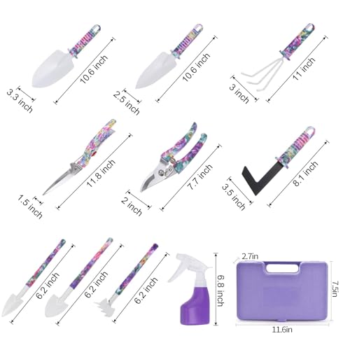 APSARAS USA Gardening Tools, 10 Pieces Gardening Tool Set with Purple Floral Print,Ergonomic Handle Trowel Rake Weeder Pruner Shears Sprayer with Carrying Case Garden Tool Set Gifts for Women - Image 3