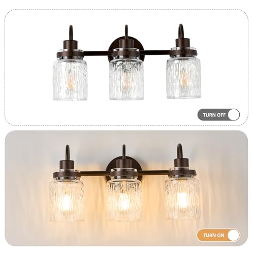 Image of 3 Lights Hammered Glass Bathroom Vanity Light, Oil Rubbed Bronze | Easy Installation,Up or Down,Farmhouse Modern Style,E26 Socket,ETL Certification