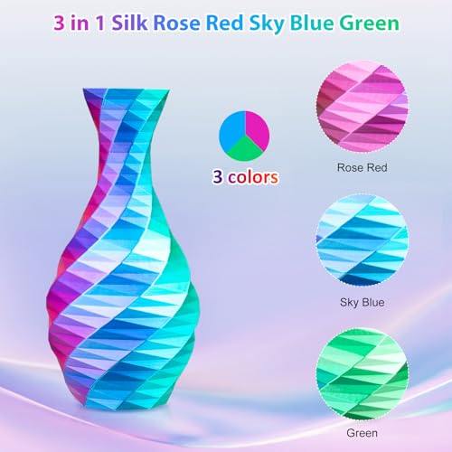 Image of Silk Triple Color PLA Filament 1.75mm, 3-in-1 Coextruded Shiny Multicolor 3D Printer Filament, 1KG(2.2lbs) Spool, Silk Rose Red /Sky Blue /Green, Clog-Free & Bubble-Free for FDM 3D Printers