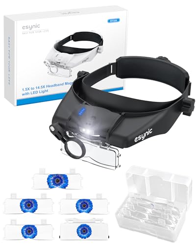 eSynic Kopfbandlupe Kopf Lupenbrille mit Licht Lupenbrille Headset mit LED-Licht Wiederaufladbarer Upgrade-Kopf Lupe 5 Linsen für Basteln Lesen Naharbeit Schwarz