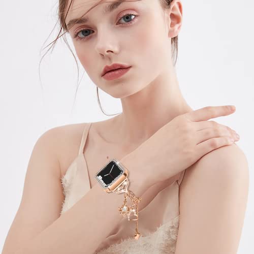 JOYOZY Band Compatible with Apple Watch 38mm 40mm 41mm 42mm 44mm 45mm 46mm, Bling Strap with Glitter Case Built-in Screen Protector, Interchangeable Charms Dressy Bracelet for Women
