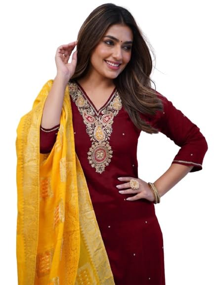 Women's Cotton Kurta Set with Embroidered V-Neck, Dark Green Suit with Yellow Dupatta, 3-Piece Ethnic Wear-image-16