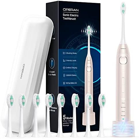 Operan Electric Toothbrush for Adults and Kids Sonic Rechargeable Toothbrush with 5 Modes 2-Min Smart Timer IPX7 Waterproof 40,000 VPM Motor with 8 Brush Heads & Travel Case Champagne