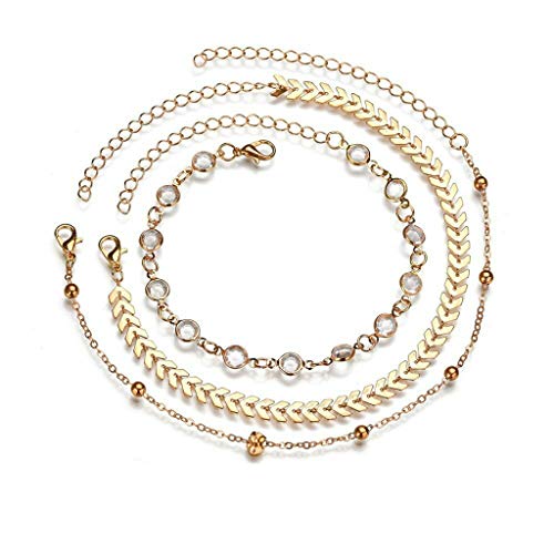 COLORFUL BLING Three-Layer Anklet Gold Anklet Bracelet Foot Chain Leaves Accessories Foot Jewelry for Women and Girls