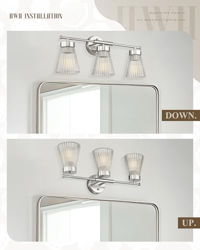 Image of HWH INVESTMENT 3-Light Bathroom Vanity Light, Brushed Nickel, 5HZG97B-3W BN | 24.1-Inch Hardwired Wall Light with Clear Striped Glass; 3 E26 Bulbs, Max 60W Each; Bulbs Not Included