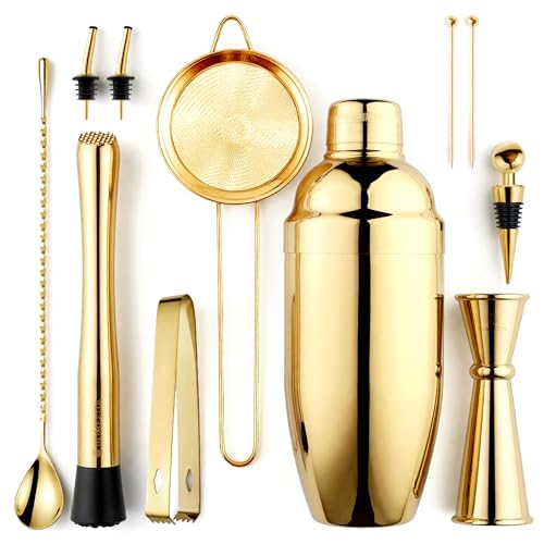 Homestia 11-Piece Gold Cocktail Shaker Set, Premium Weighted Boston Shaker Bartender Kit with Strainer, Jigger, Muddler & Tools - Luxury Barware Gift Set with Cocktail Recipes Booklet