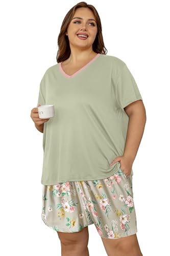 Image of Vozanet Women's Short Sleeve Top and Shorts Pajama Sets Plus Size V Neck Colorful Flower Nighty Loungewear With TWO Pockets