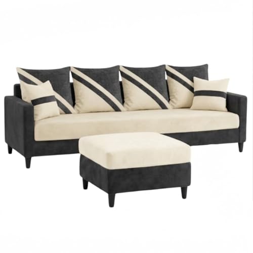 Image of SLEEPIFY Canza 4 Seater Sofa Set with Ottoman (Cream - Dark Gray) | Premium Soft Velvet | Plush Comfort Cushions | Modern Living Room Sofa | Spacious Comfortable Seating