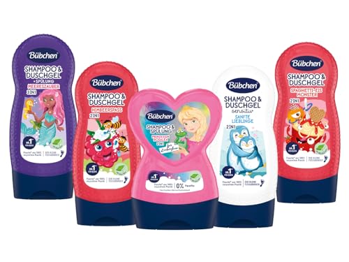 Bübchen Kids 2-in-1 Shampoo & Duschgel Set für Mädchen – Meereszauber, Himbeerspaß, Sensitiv Sanfte Lieblinge, Spaghetti-Eis-Monster & Prinzessin Rosalea Spülung