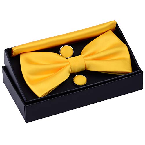 Image of GUSLESON Men's 3-pc Solid Color Bow Tie Gift Set - Double‑Fold Pre-Tied Bow Tie, Pocket Square, Cufflinks - Wedding Formal Party