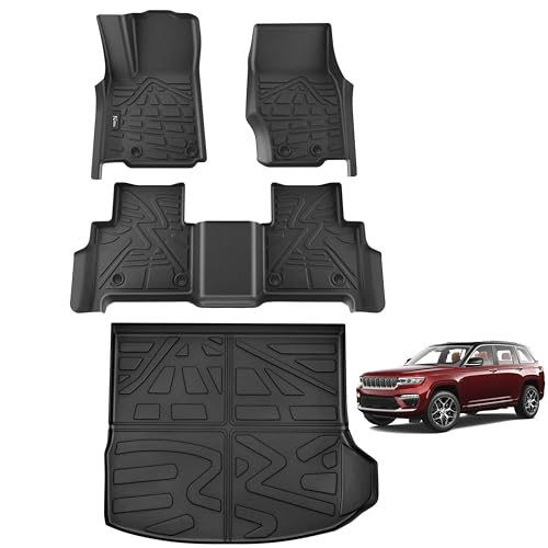 Floor Mats & Cargo Liner Fit for 2022-2024 2025 Jeep Grand Cherokee (Include 4xe, NOT fit WK or L) 5-Seat Only, TPE All Weather Floor Liners, 1st & 2nd Row & Trunk Mats-Black