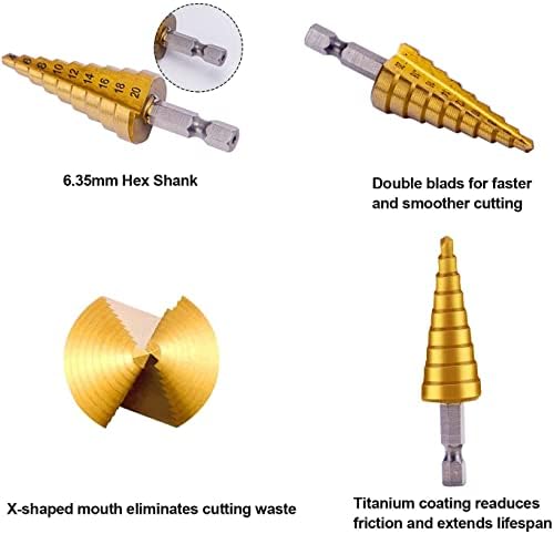 3Pcs HSS Titanium Coated Step Drill Bit Set, 1/4" Hex Shank Drive Quick Change High Speed Steel Cone Drill Bit for Sheet Metal Wood Plastic Hole Drilling Cutting (Metric 3-12mm/ 4-12mm/4-20mm)