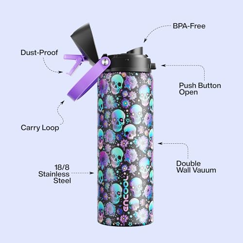 Image of Insulated Water Bottle with Straw - Encool Stainless Steel Water Bottle with Push Button Lid, Leak-Proof & BPA-Free, Keeps Cold for 24 Hours for Sports, Travel, Gym (32 oz, Floral Afterlife)