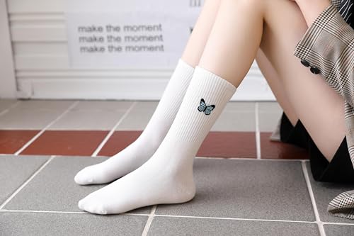 Image of Womens Calf Socks Embroidery Crew Socks Casual Dress Socks Cute Butterfly Socks For Girls 3 Pairs
