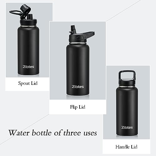 Zibtes 40 Oz Insulated Water Bottle With Straw,3 Lids(Flip, Spout And Handle Lid), Stainless Steel Leak Proof Sports Water Flask, Double Walled Vacuum Metal Water Bottle (Black) #TOP1