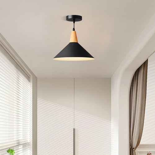 Eustace Modern Black Pendant Light Fixtures, 11.8 Inch Farmhouse Wood Pendant Lighting, Industrial Cone Hanging Lights For Kitchen Island,Dining Room,Hallway,Barn,Entryway,Restaurant thumb #2