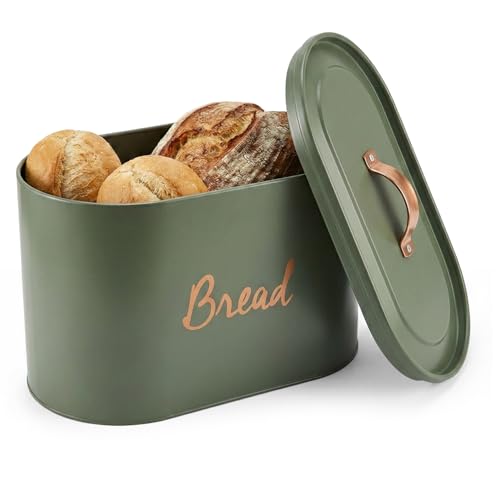 Image of Besto Bread Bin for Kitchen | Green Large Metal Bread Box with Copper Coated Handle for Storing Breads & Slices | Aesthetically Beautiful Bread Bin Vintage