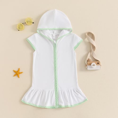Image of Girls Terry Cloth Swim Cover Up Zip Up Hooded Bathing Suit Coverup Wraps Rufled Kids Pool Beach Robe Cover-Up Dress
