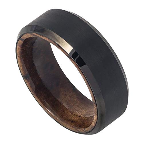 Free Personalized Laser Engraving Ring for Men and Ring for Women Tungsten Band Rings 8mm Black IP Plated Brushed Finish Beveled Edge with African Sapele Mahogany Wood Sleeve/Inner Ring Wedding Band