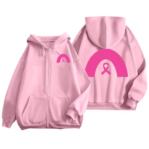 Sweat à capuche zippé Octobre Rose pour femme avec poches