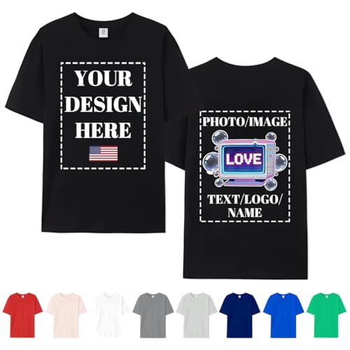 FEEGO Custom T Shirts for Men Women Create Your Own Custom Shirt with Text Image Logo Print Front & Back Design Option Black