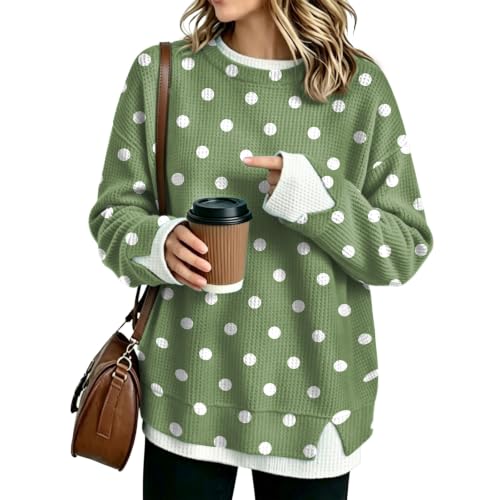 Waffle Knit Womens Oversized Sweatshirt Crew Neck Polka Dot Layered Shirts - image 1