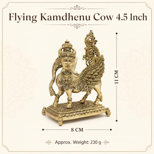 Image of Brass Flying Kamdhenu Cow Idol, Vastu Remedy for Prosperity (11 cm, 230 g)