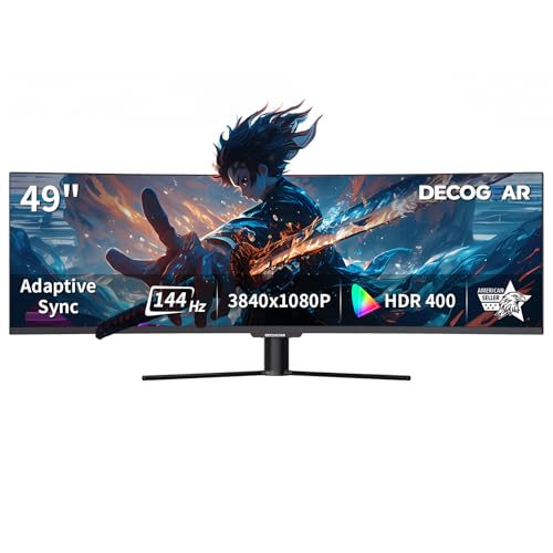 Deco Gear 49 Inch Curved Monitor, 3840x1080 Ultrawide Gaming WDFHD Screen, 144Hz, 32:9, 3ms, 3000:1 VA Display, HDR400, Adaptive Sync, USB-C 65W, HDMI, PIP/PBP, KVM, 1800R, Office & Workstation Setup
