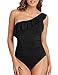 Hilor One Shoulder Swimsuits for Women Tummy Control One Piece Bathing Suits Modest Swimwear Black 8