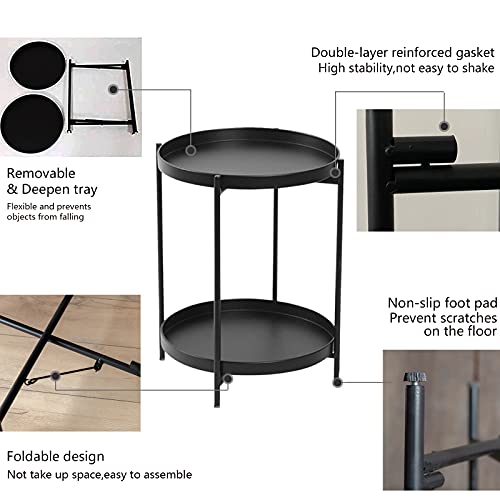 Nukee Black Folding End Table 2-Tier Metal Round Side Table With Removable Tray For Living Room(Black) #TOP1