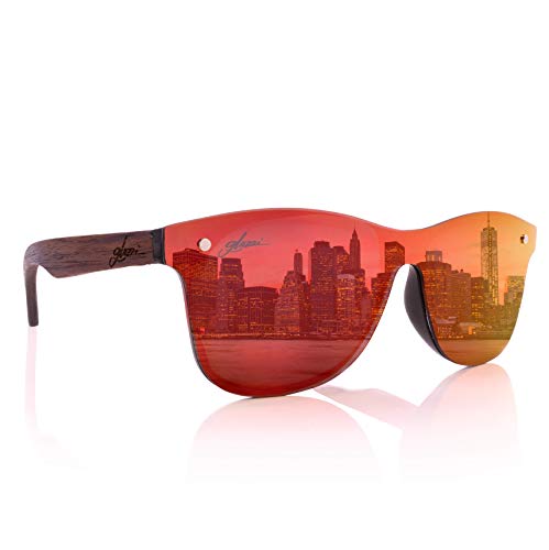 glozzi Lunettes de Soleil Rondes en Bois Homme et Femme avec Verres Polarisés UV 400 Charnières en Bois et Étui en Liège - Rouge - M