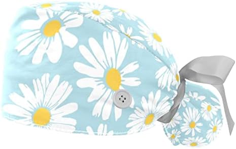 Mersov Little Daisy White Flowers Light Blue Working Cap with Button & Sweatband, 2 Packs Reusable Surgical Surgery Hats Ponytail Holder, Light Blue,white, Medium-3X-Large