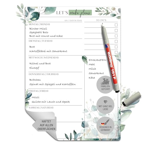 TOBJA Essensplaner Woche abwischbar inkl. Markenstift | Haftet auf allen Oberflächen, wieder ablösbar | Wiederverwendbarer Menüplaner, Speiseplan, Meal Planner (inkl. Markenstift)