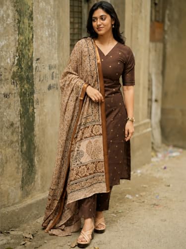 Image of GoSriKi Kurta Set Women Viscose Printed | Kurti Set Woman | Kurta Pant Dupatta 3 Piece Outfit | V-Neck Elbow Length Sleeve Straight Fit Ethnic Wear Ladies Dress Stylish Traditional Clothing