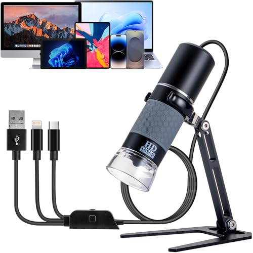 Jiusion 1080P USB Digital Handheld Microscope, 50 to 1000x Magnification Endoscope Full HD 1920x1080P Camera 8 LEDs with Metal Stand for iPhone iPad Android Mac Windows Linux Chrome