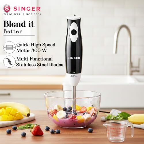 Image of SINGER Blendprep Hand Blender 300W Powerful Copper Motor | 3-in-1 Blender, Chopper & Whisk | Silent DC Motor | Stainless Steel Ninja Blade | Easy Push Button | 2-Year Warranty | ISI Certified